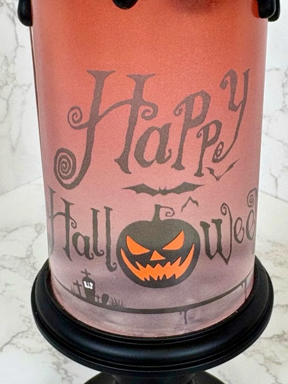DECOR: Black & Orange Ghostly Glow LED Halloween Candle Filled w/Fluid, EUC